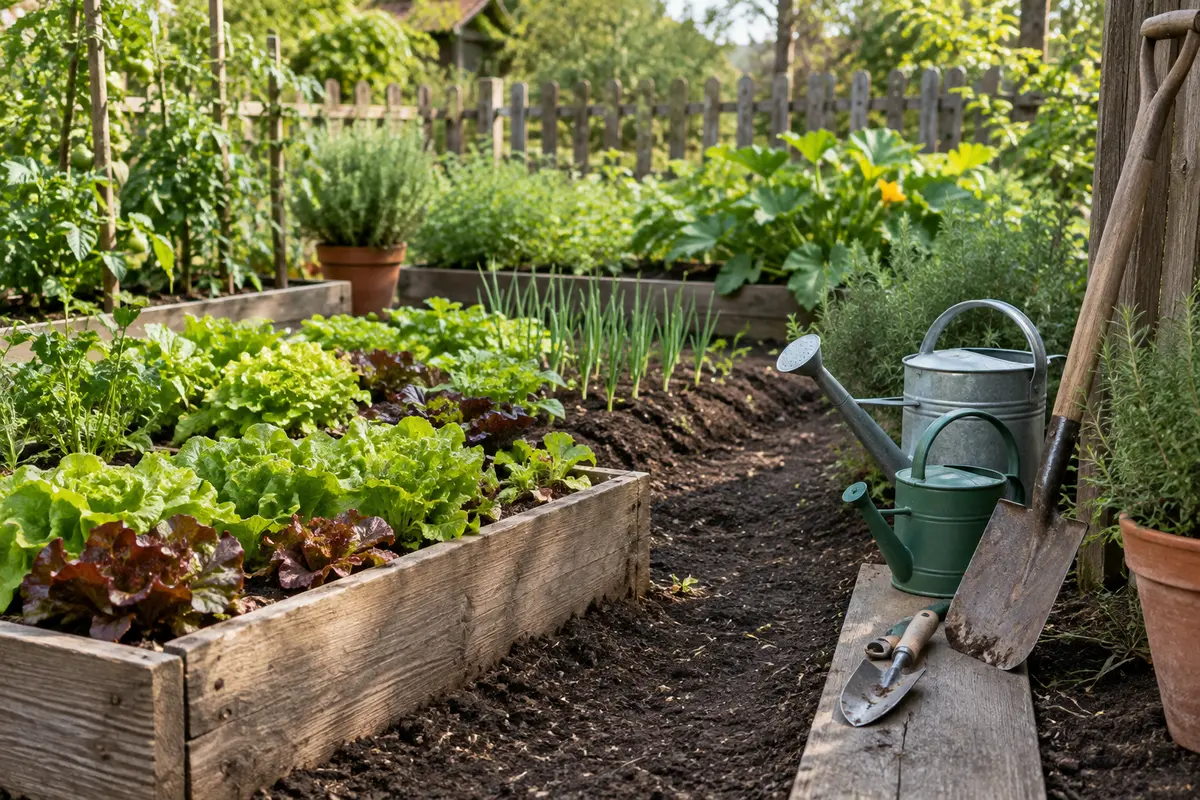 Outils manuels de formats variés rangés près de bacs dans un petit potager bien organisé