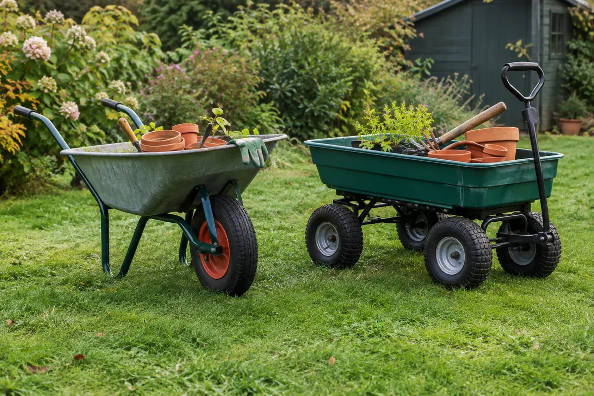 Brouette et chariot chargés de pots et d’outils sur une pelouse de jardin