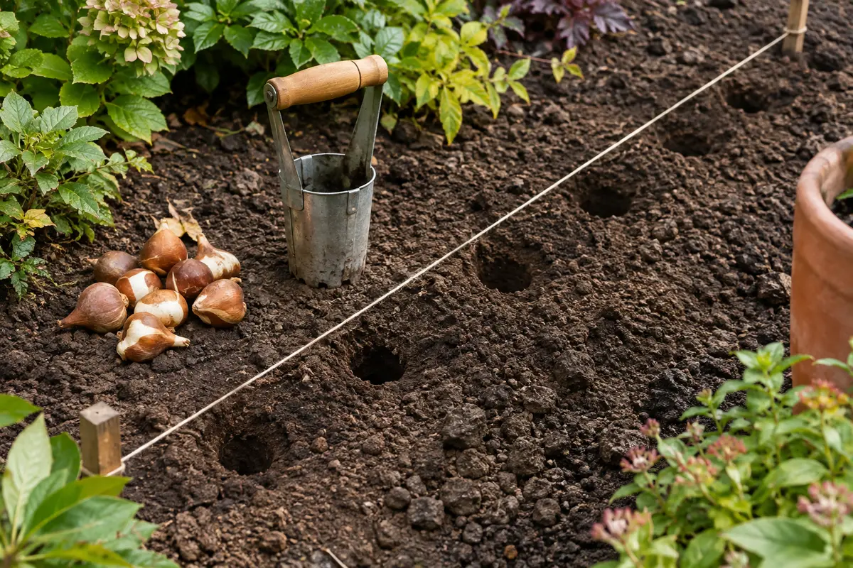 Plantoir à bulbes près de trous alignés dans une terre argileuse préparée pour la plantation