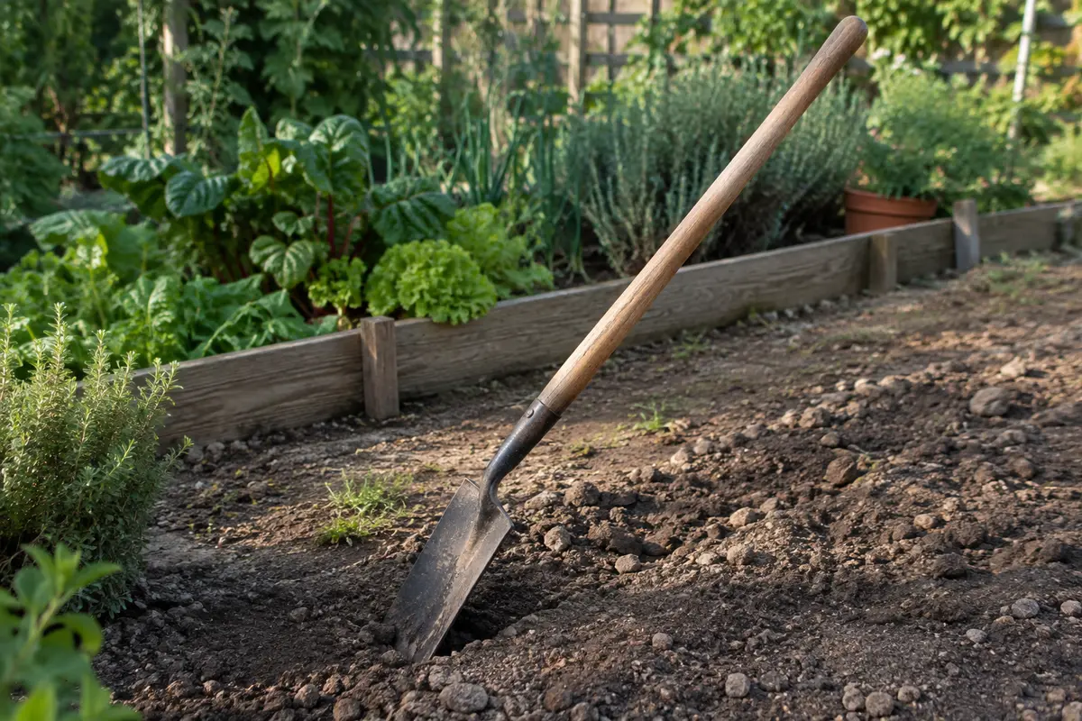 Bêche à manche long enfoncée dans une terre compacte, près d’une bordure de potager