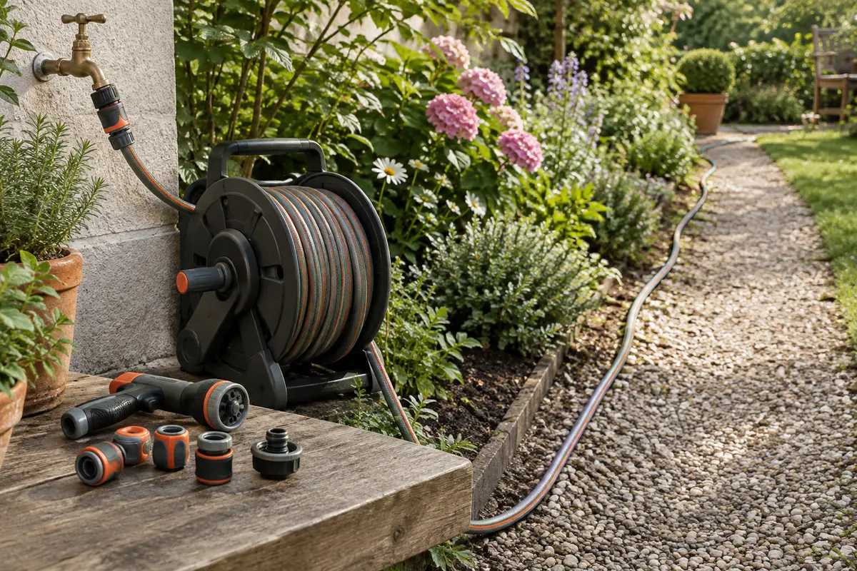 Tuyau d’arrosage enroulé près de raccords et d’un robinet dans un jardin