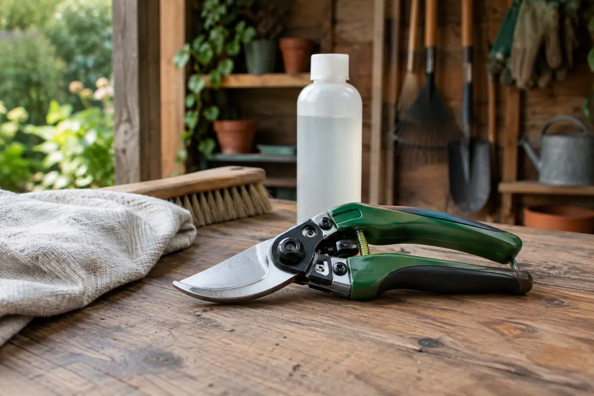 Sécateur propre et sec posé sur un établi avec un chiffon et une brosse d’entretien