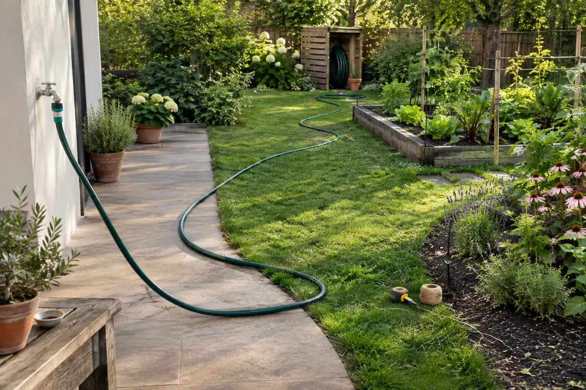 Tuyau d’arrosage mesuré le long d’un chemin courbe entre un robinet, une terrasse et un potager