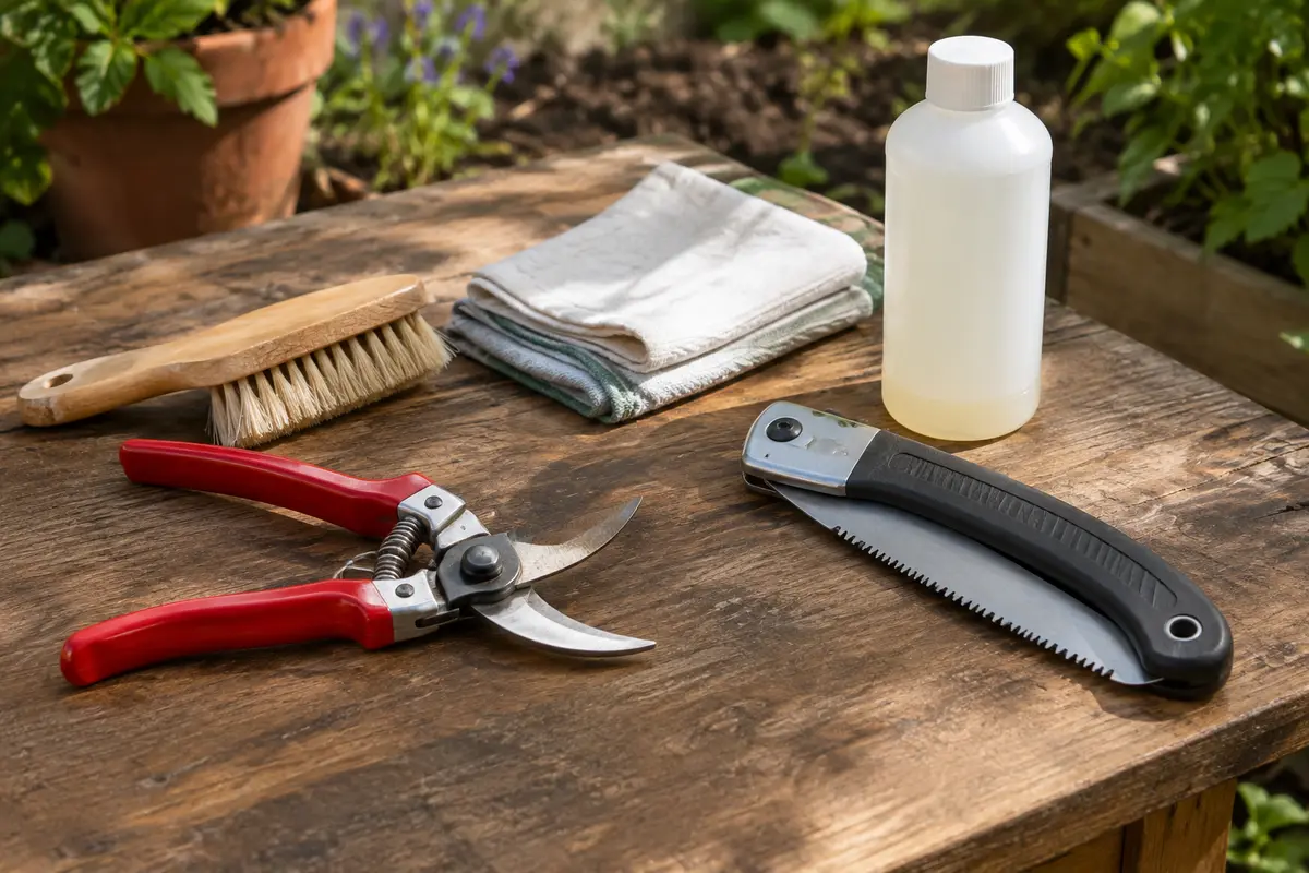 Sécateur ouvert et scie d’élagage près d’une brosse et de chiffons pour le nettoyage des lames
