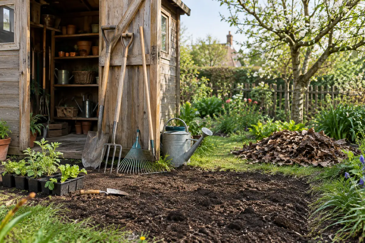 Outils regroupés près d’une planche de terre pour les travaux de jardinage au printemps.