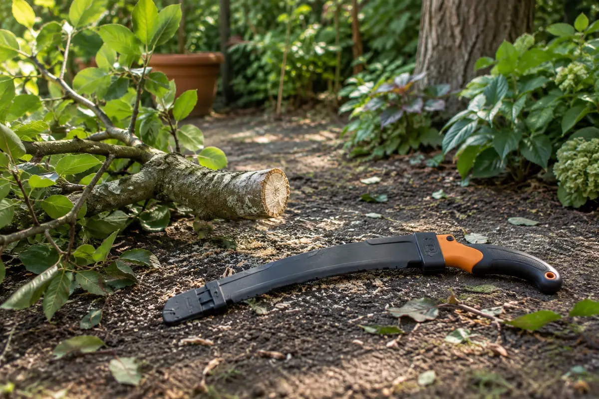 Scie d’élagage protégée près d’une branche coupée au sol dans un jardin dégagé
