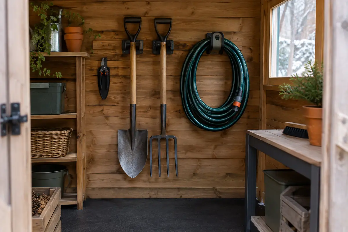 Outils propres et secs suspendus dans un cabanon de jardin organisé pour l’hiver.