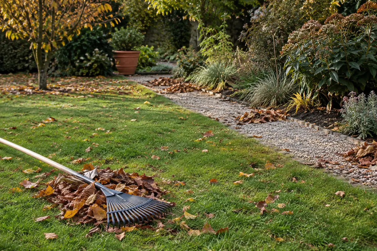 Râteau à feuilles près d’une pelouse, d’une allée gravillonnée et d’un massif au jardin