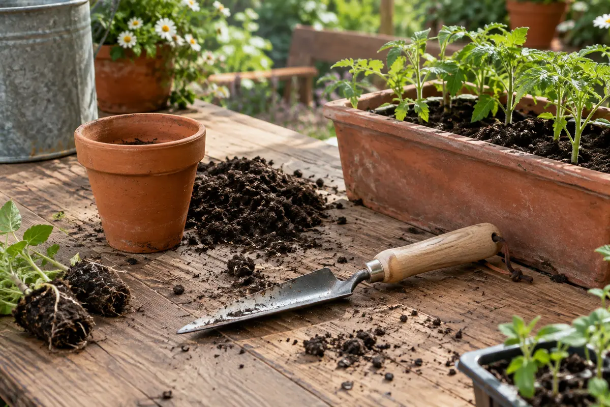 Transplantoir à lame étroite posé près d’un pot et d’une jardinière plantée
