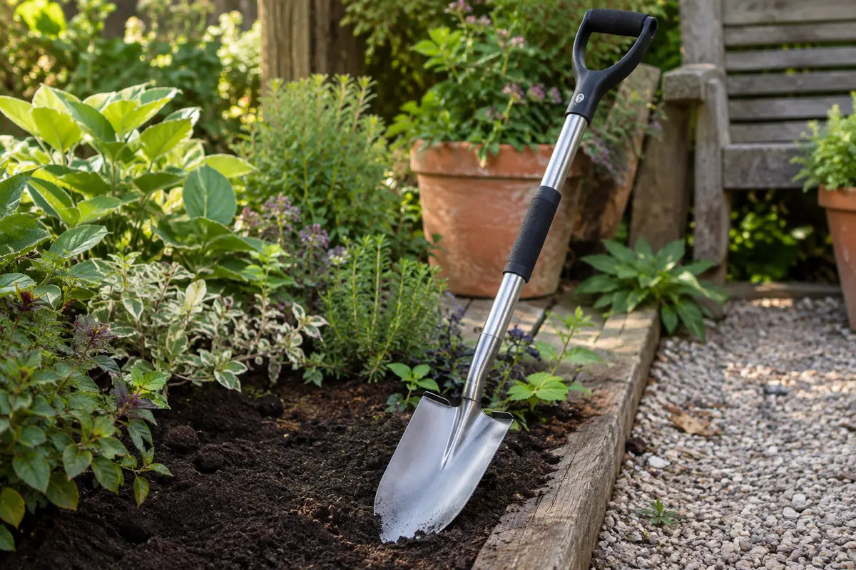 Pelle de jardin noire à lame pointue et manche réglable posée près d’un massif fraîchement travaillé