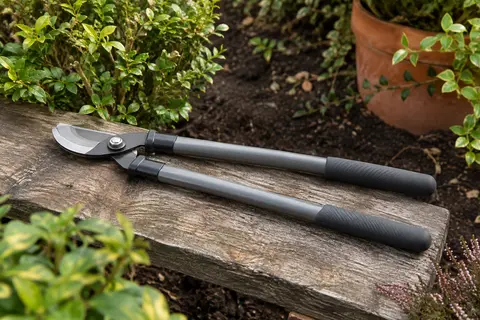Coupe-branches Airaj à lame à dérivation et poignées gainées, posé près d’un arbuste dans un jardin