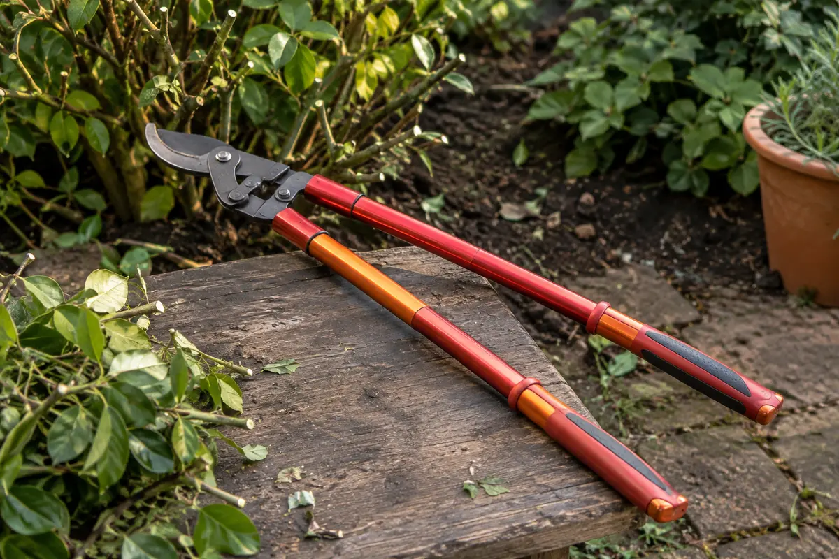 Coupe-branches télescopique rouge et orange posé près d’un arbuste taillé dans un jardin.