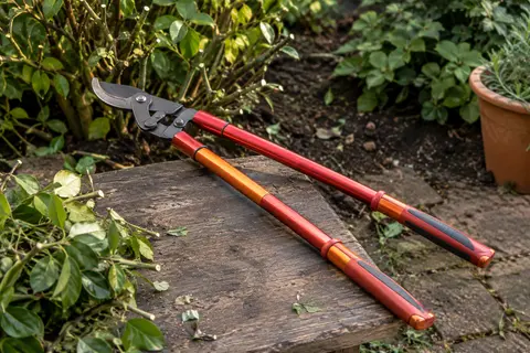 Coupe-branches télescopique rouge et orange posé près d’un arbuste taillé dans un jardin.