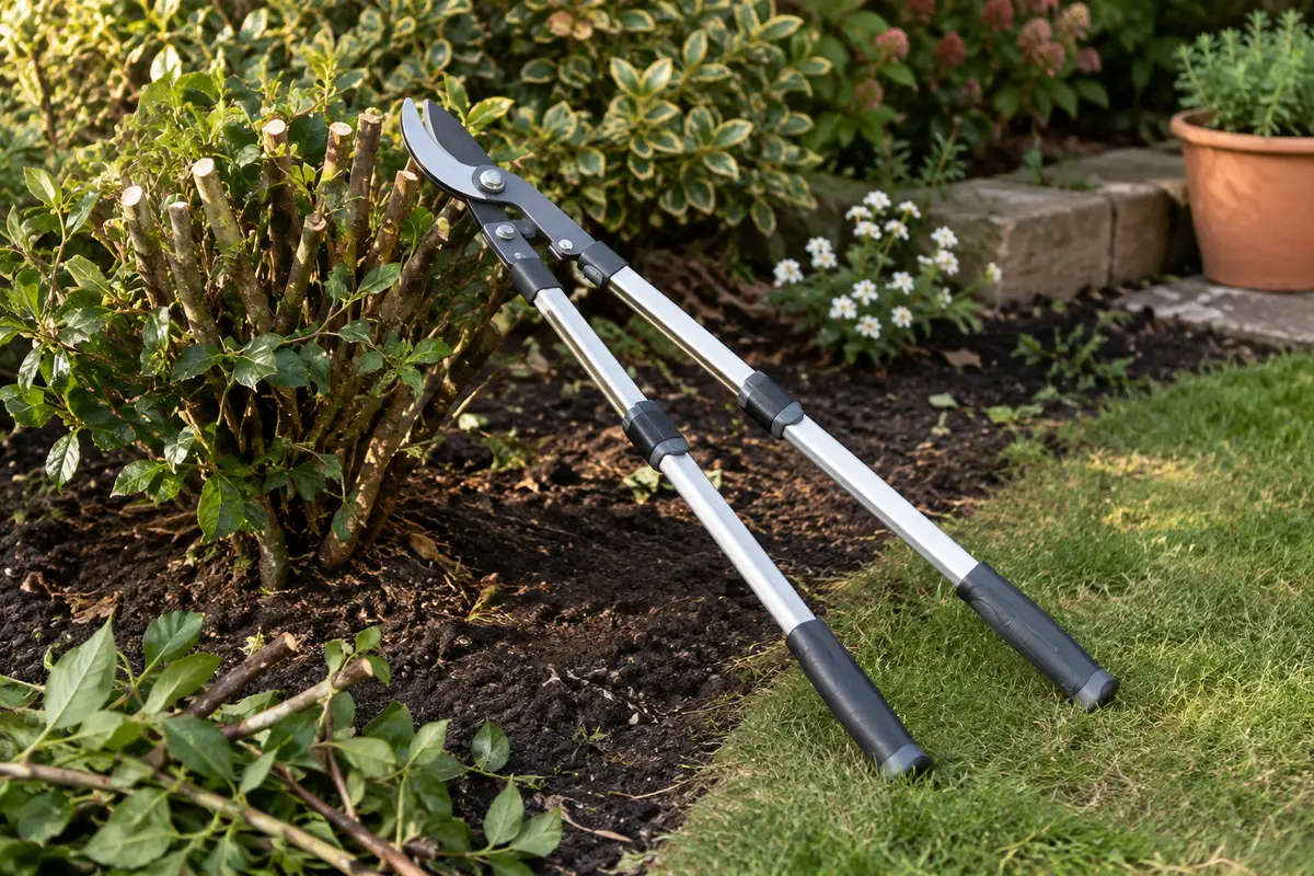Coupe-branches télescopique Airaj gris posé près d’un arbuste taillé dans un jardin
