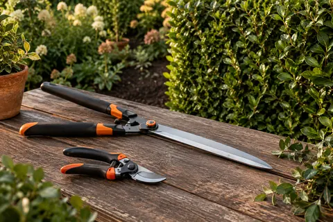Cisaille à haie à longues poignées et sécateur assorti posés sur une table en bois au jardin.