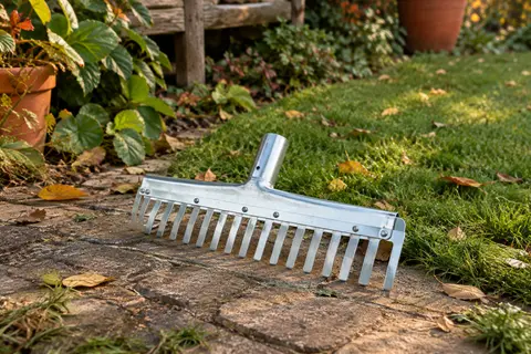 Tête blanche de balai à gazon Amig P38 en acier zingué, avec ses dents plates réglables, près d’une pelouse.
