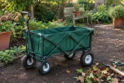 Chariot de jardin vert pliable avec bâche amovible et pneus profilés sur une allée de terre