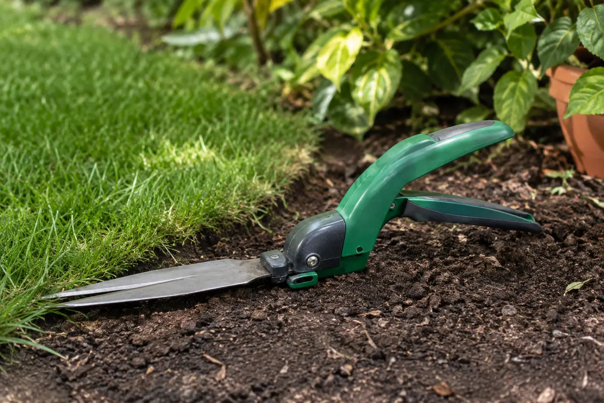 Cisaille à gazon verte à tête orientable posée près d’une bordure dans un jardin.
