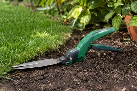 Cisaille à gazon verte à tête orientable posée près d’une bordure dans un jardin.