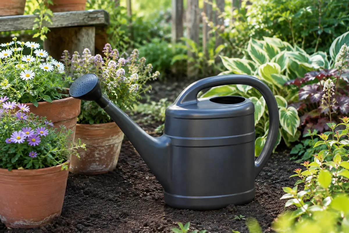 Arrosoir BigDean anthracite de 10 litres posé près de plantes en pot, avec sa douchette amovible.