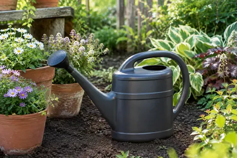 Arrosoir BigDean anthracite de 10 litres posé près de plantes en pot, avec sa douchette amovible.