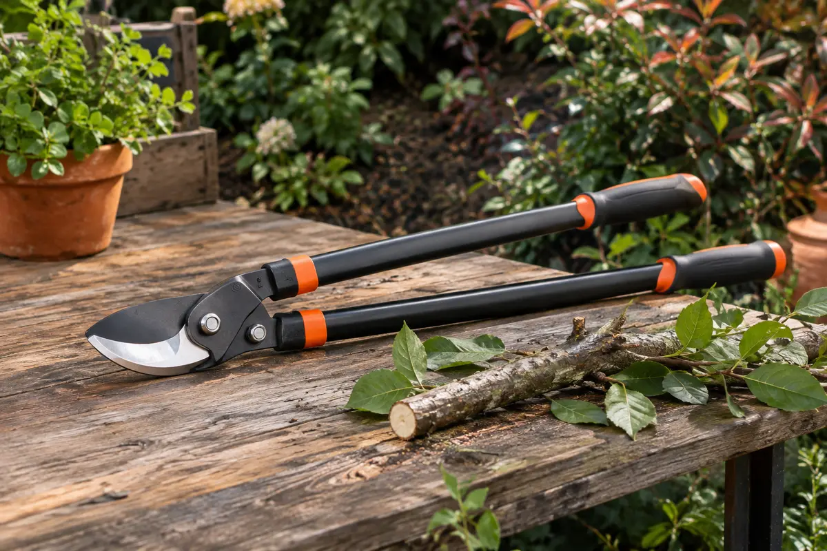 Coupe-branches de 72 cm noir et orange posé près d’une branche taillée dans un jardin