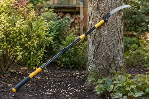 Scie d’élagage manuelle à longue perche et lame dentée, posée au pied d’un arbre dans un jardin.