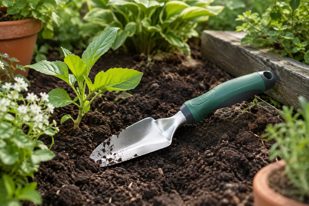 Transplantoir de jardin à poignée verte et partie en acier inoxydable posé près d’une jeune pousse