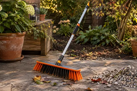 Balai de jardin orange et noir à tête large posé sur une terrasse près de feuilles et de gravier.