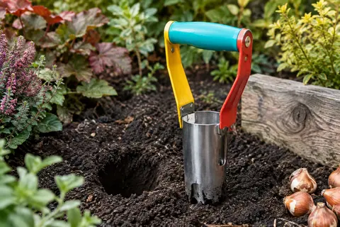 Plantoir automatique à bulbes posé près d’un trou dans la terre sombre d’un massif de jardin.