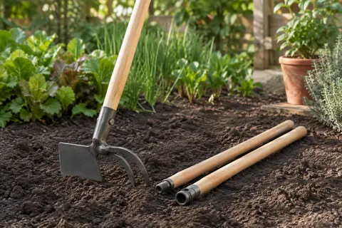Houe-cultivateur grise à lame et deux griffes posée sur la terre d’un potager
