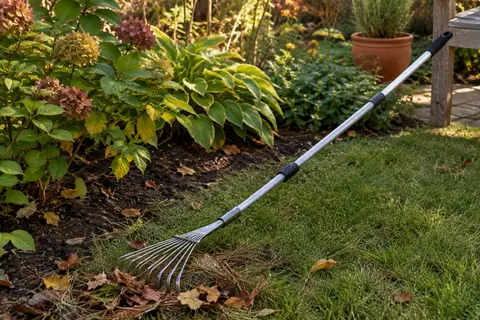 Râteau de jardin à 11 dents métalliques posé près d’un massif de feuilles et d’aiguilles
