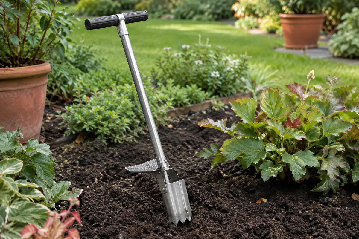 Plantoir à bulbes Dolibest à long manche, avec denture métallique et pédale d’éjection, posé près d’un massif.