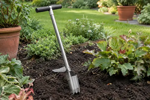 Plantoir à bulbes Dolibest à long manche, avec denture métallique et pédale d’éjection, posé près d’un massif.