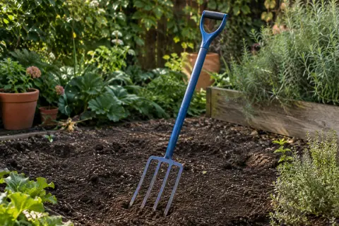 Fourche de jardin Draper à tête en acier et revêtement bleu, posée sur la terre d’un massif.