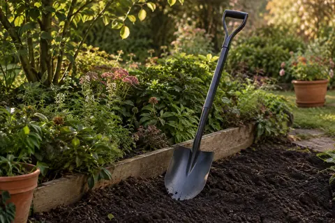 Bêche de jardin Draper à lame en acier au carbone et manche gainé, posée sur la terre d’un massif