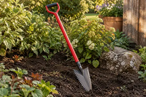 Bêche-scie rouge à lame en V et dents latérales posée sur la terre d’un jardin