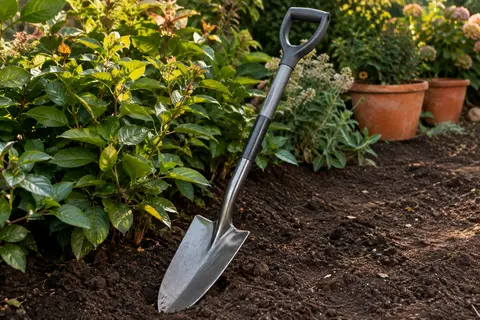Bêche pointue Fiskars à manche ergonomique posée sur la terre sombre d’un jardin feuillu.