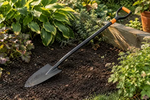 Bêche pointue à lame sombre et poignée orange posée sur une terre de jardin sombre, près de feuillages.