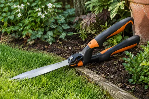 Cisaille à gazon Fiskars à tête orientable, posée près d’une bordure de pelouse fraîchement taillée
