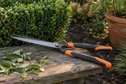 Cisaille à haies Fiskars HS21 noire et orange posée près d’une haie fraîchement taillée.