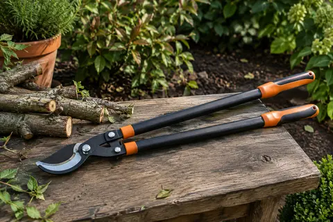 Coupe-branches à enclume noir et orange posé près de branches sèches dans un jardin