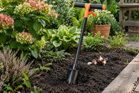 Plantoir à bulbes long noir et orange posé près d’un massif de terre sombre fraîchement travaillé