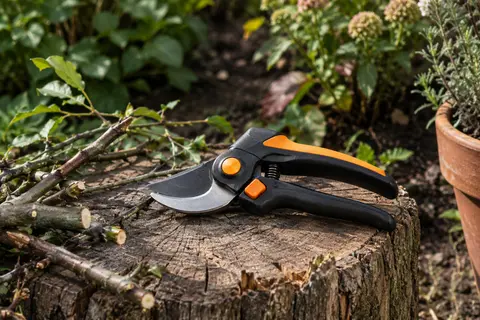 Sécateur à enclume Fiskars noir et orange posé sur du bois sec dans un jardin