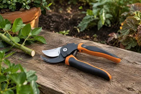 Sécateur à lames franches Fiskars P90 posé sur du bois patiné près d’une branche verte fraîchement taillée.