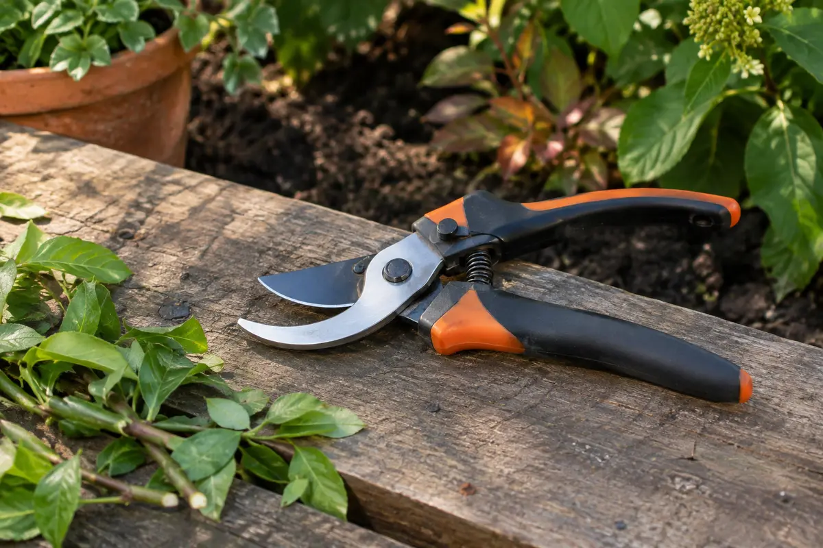Sécateur Fiskars à lames franches en acier, posé près de pousses vertes sur du bois patiné