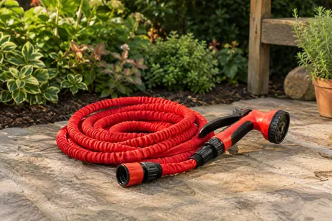 Tuyau d’arrosage extensible rouge Fitt Yoyo avec son pistolet multi-jet, posé près d’une terrasse