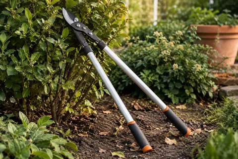 Coupe-branches manuel à long manche métallique posé près d’un arbuste dans un jardin