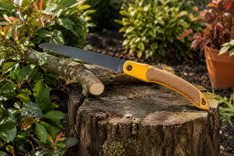 Scie d’élagage pliante jaune à lame dentée posée sur une souche dans un jardin feuillu
