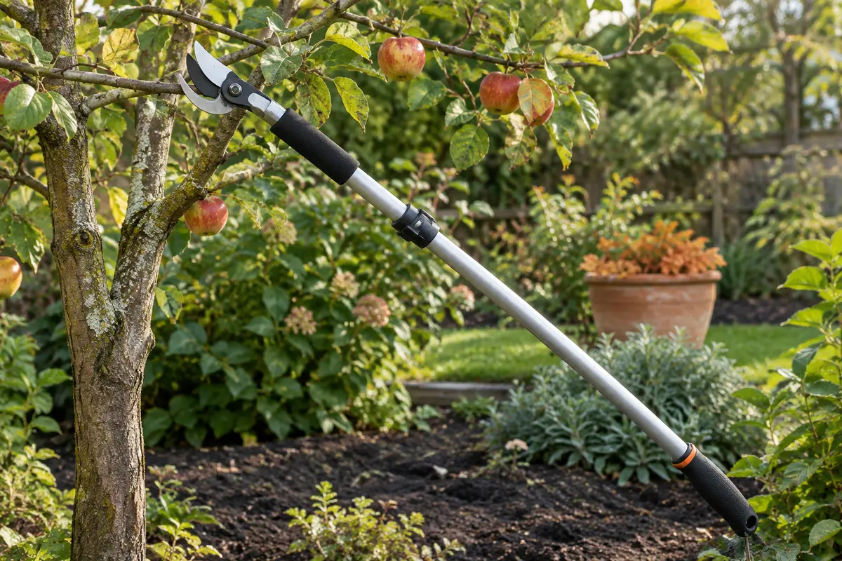 Sécateur télescopique argenté à tête pivotante présenté près d’un arbre fruitier dans un jardin